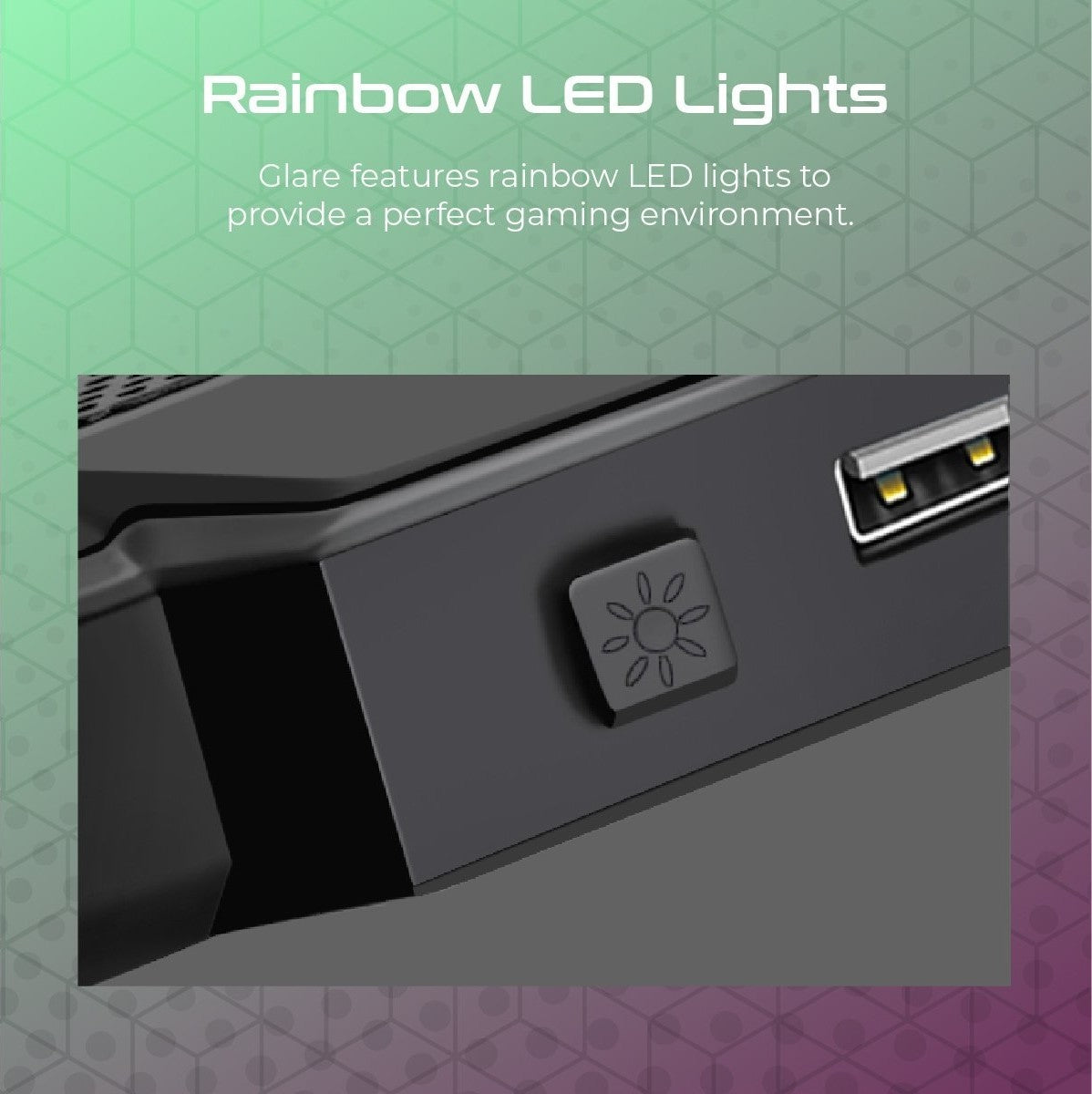 Vertux Glare Quiet RGB Cooling Laptop Stand With Rainbow LED Lights, Fan Speed -800RPM ± 10%, Fan Airflow -47CFM, Fan Noise -22dB, With Multi Height Adjustment | VE.GLARE.NC Vertux Glare Quiet RGB Cooling Laptop Stand With Rainbow LED Lights, Fan Speed -800RPM ± 10%, Fan Airflow -47CFM, Fan Noise -22dB, With Multi Height Adjustment | VE.GLARE.NC